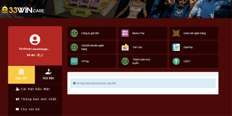 Khám phá các hình thức nạp tiền tại 33win