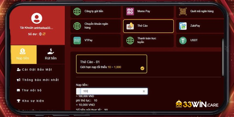 Nạp tiền 33win bằng thẻ cào