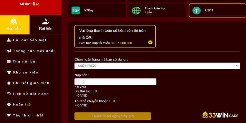 Cách thanh toán trên 33WIN thông qua tiền ảo